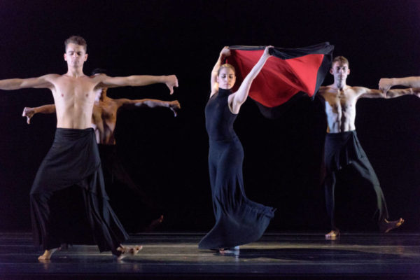 Verb Ballets performs Bolero. Choreography: Heinz Poll; Dancers: Christina Lindhout (center) Michael Escovedo (left) Benjamin Shepard (right) (Photo: Dale Dong)